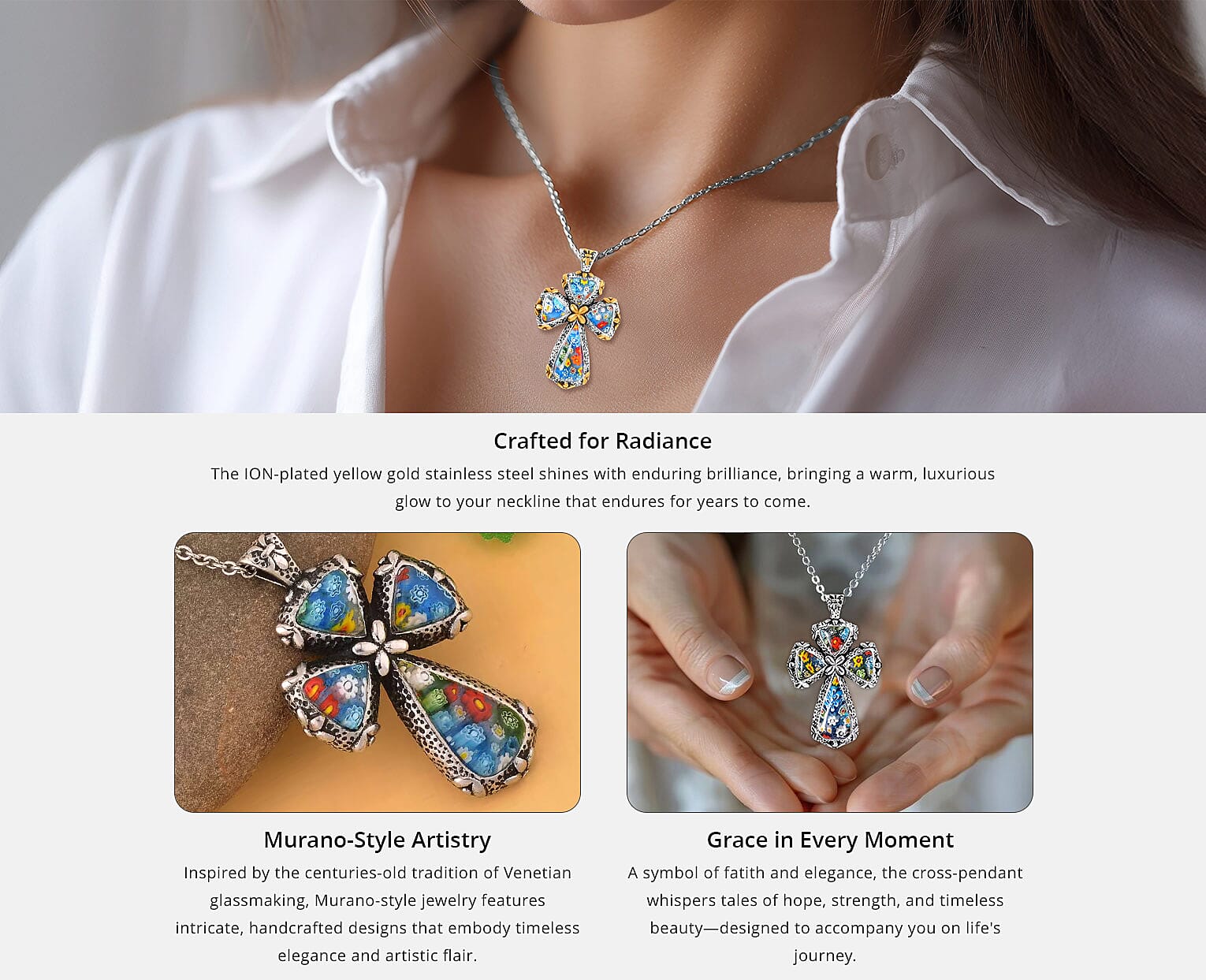 Multi Murano Style Cross Pendant Necklace For Women in ION Plated YG Stainless Steel Banner