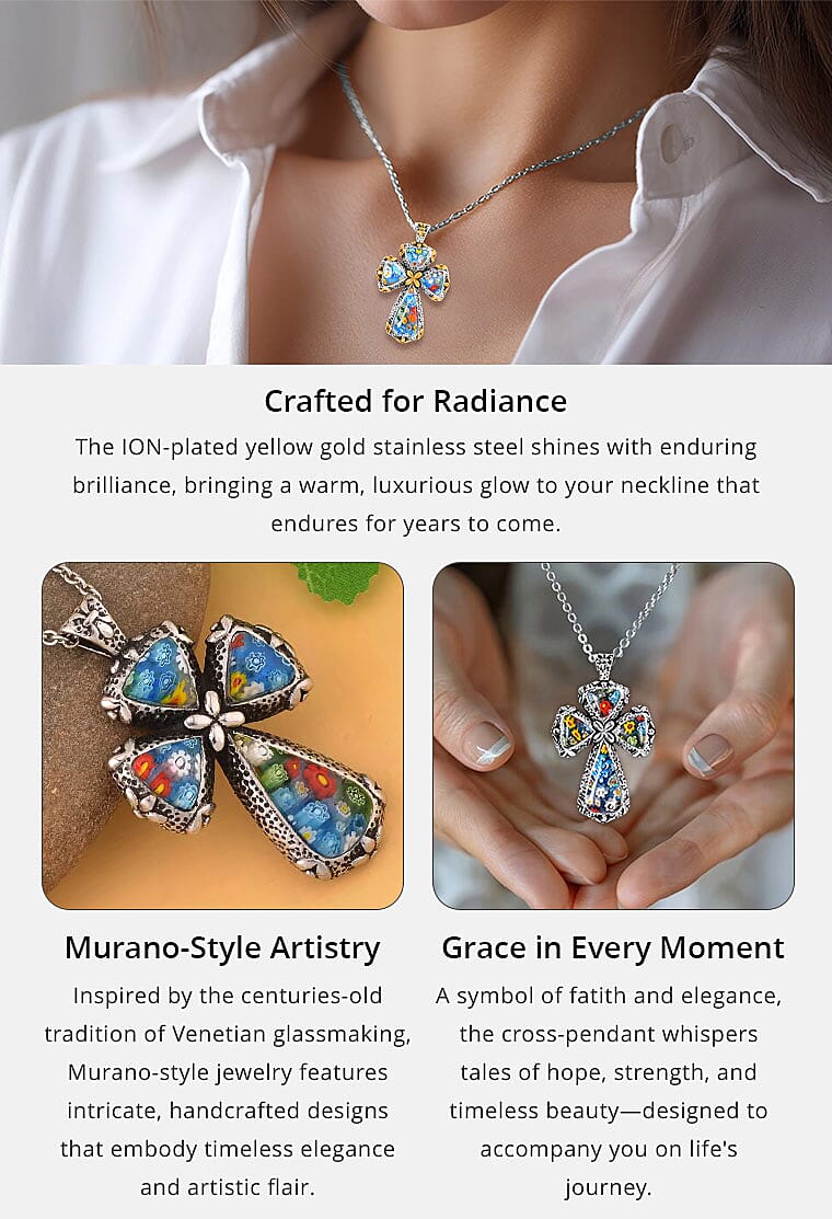 Multi Murano Style Cross Pendant Necklace For Women in ION Plated YG Stainless Steel Banner