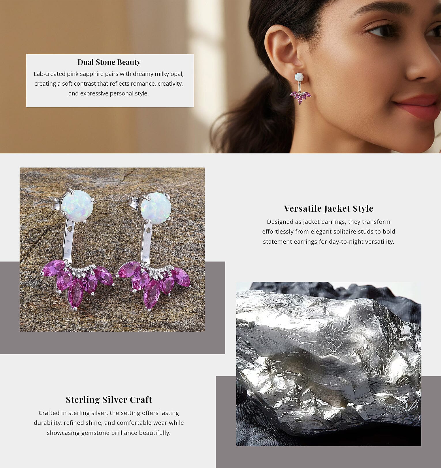 Lab Created Pink Sapphire and Lab Created Milky Opal Earrings in Sterling Silver Banner