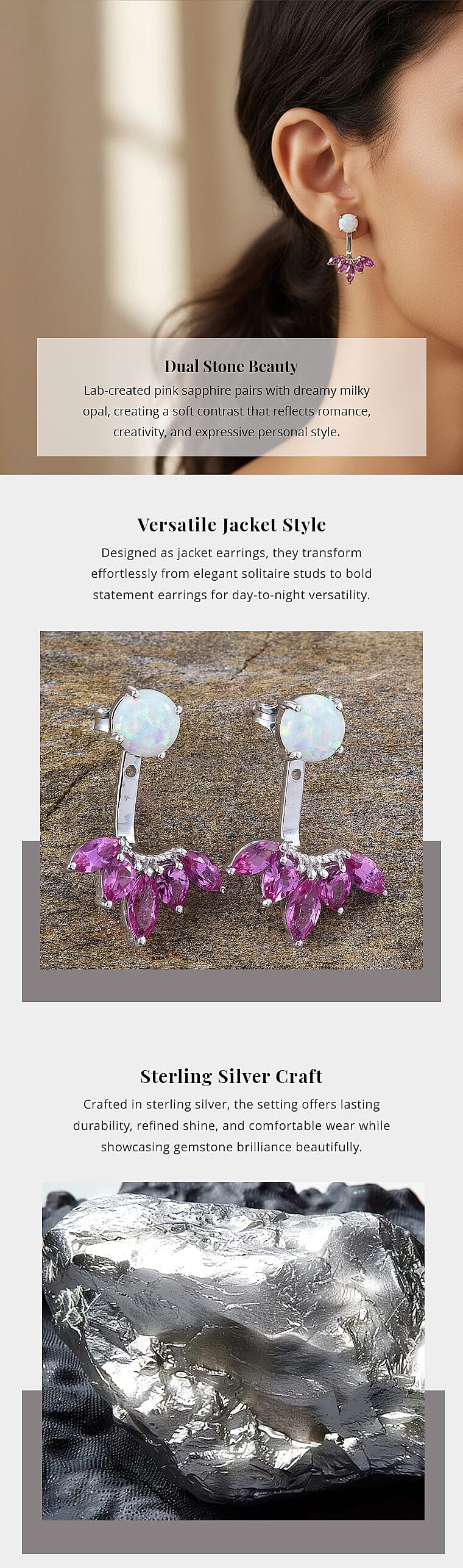 Lab Created Pink Sapphire and Lab Created Milky Opal Earrings in Sterling Silver Banner