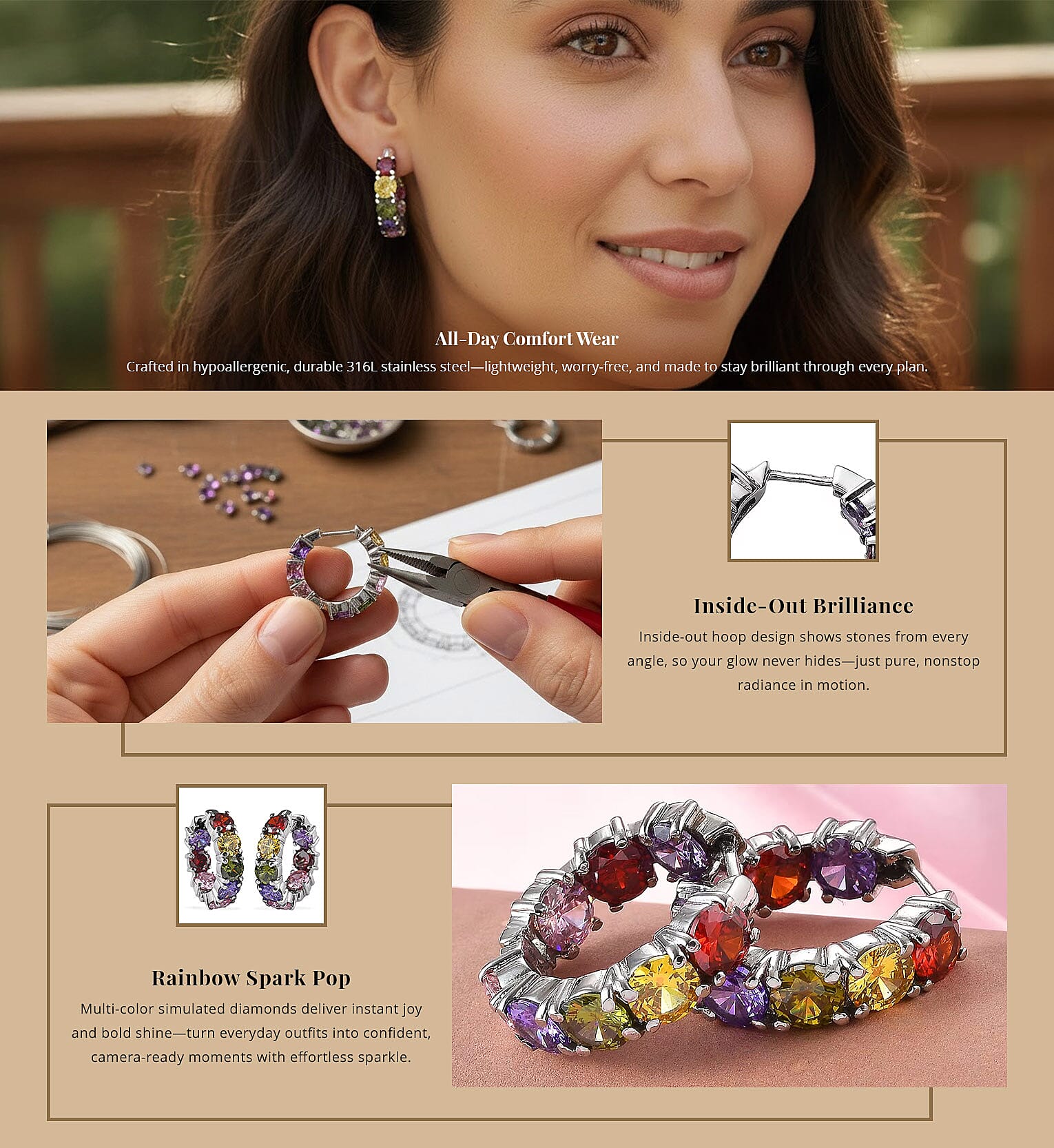 Simulated Multi-Color Diamond Earrings in Stainless Steel, Inside Out Huggie Hoops Banner