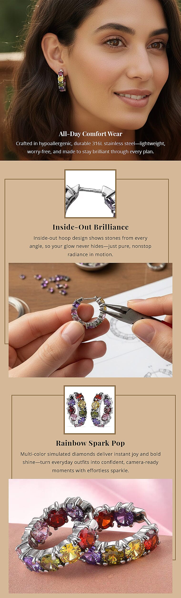 Simulated Multi-Color Diamond Earrings in Stainless Steel, Inside Out Huggie Hoops Banner