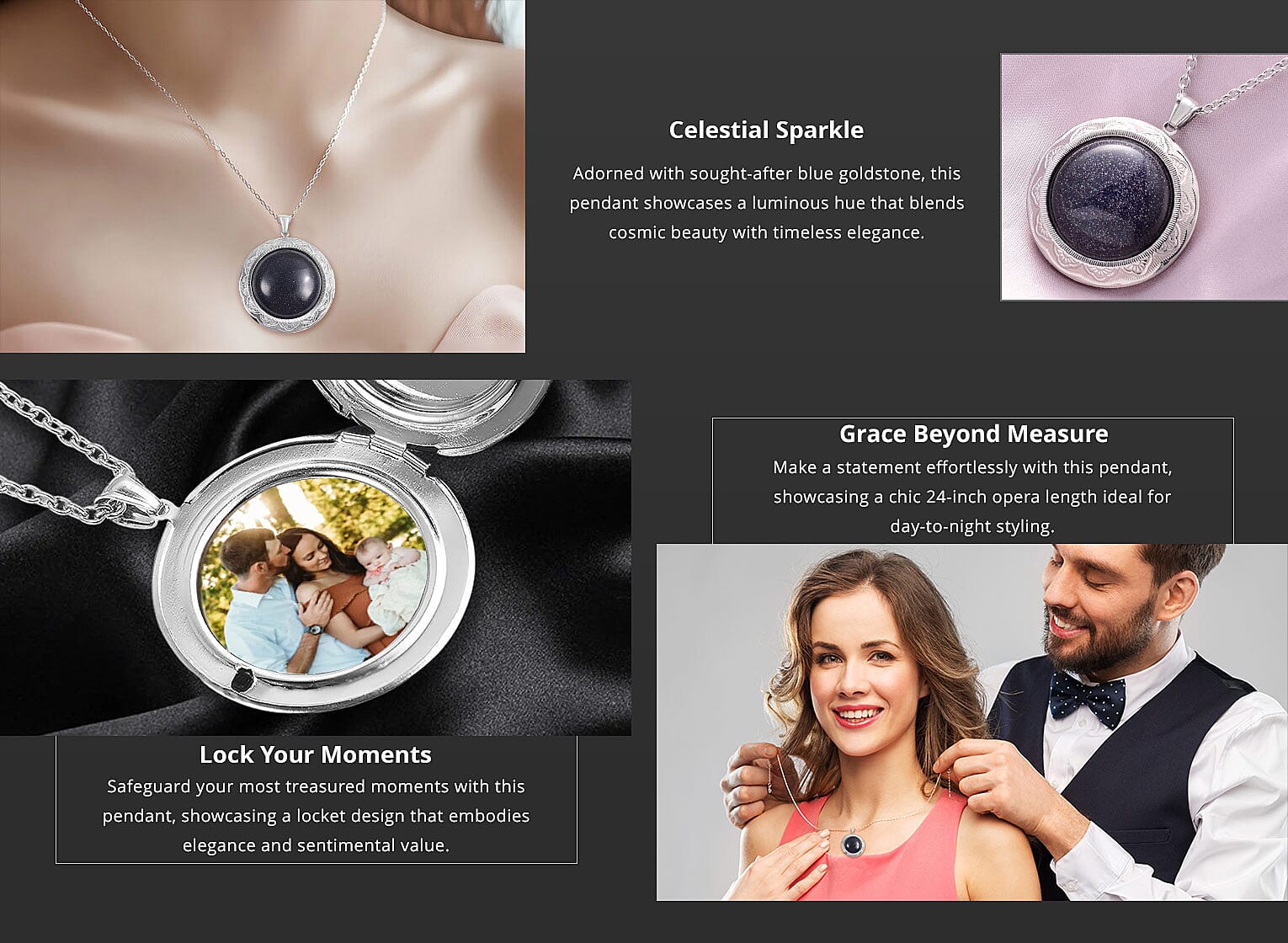 Blue Goldstone Locket Pendant Necklace For Women in Stainless Steel Banner