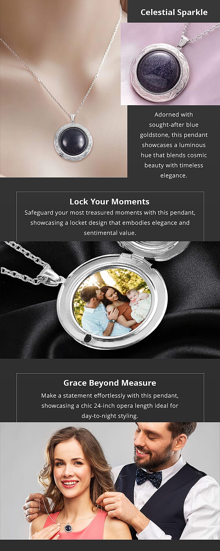 Blue Goldstone Locket Pendant Necklace For Women in Stainless Steel Banner