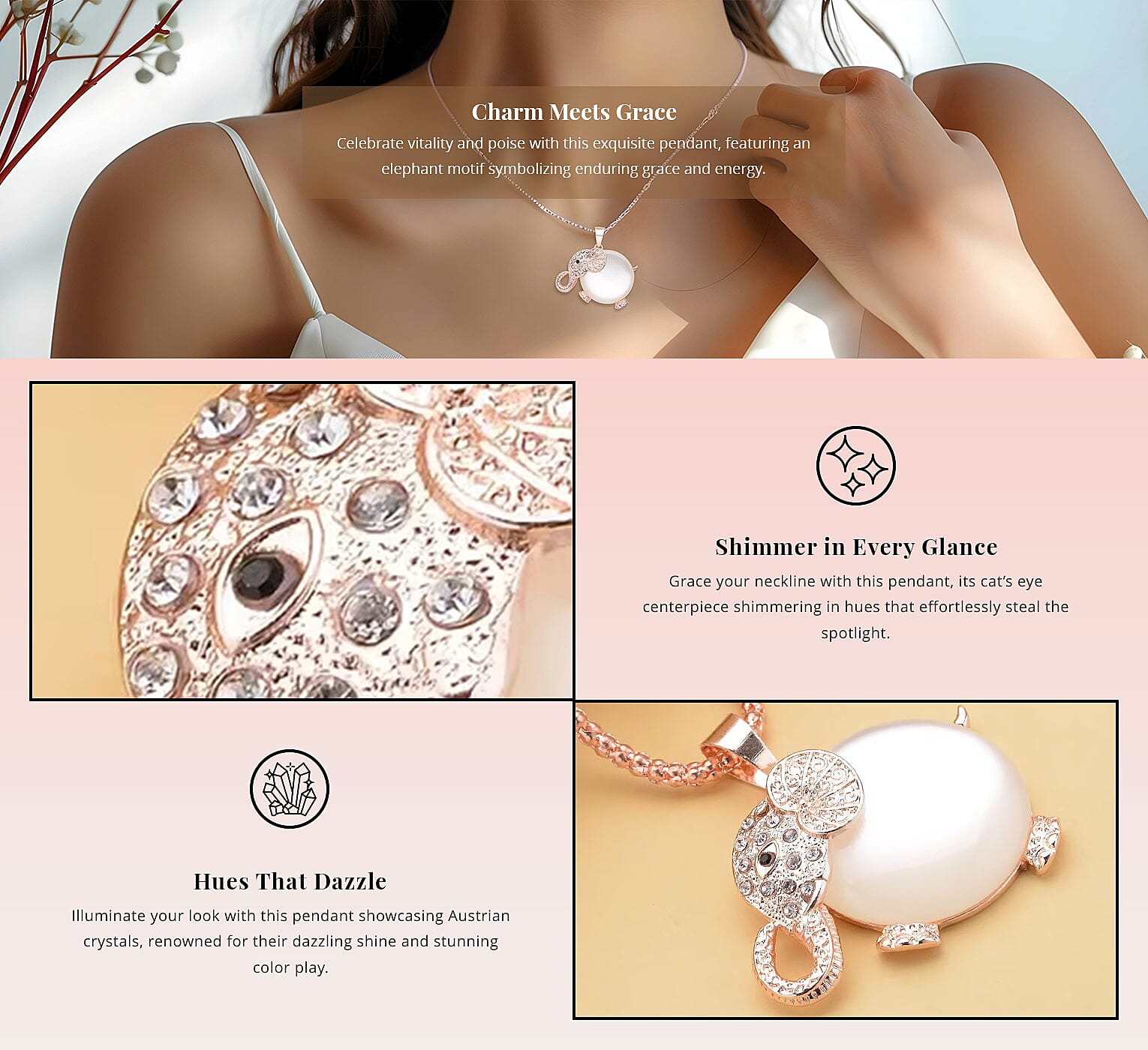 Simulated Cats Eye and Austrian Crystal Elephant Pendant Necklace in Rosetone Banner