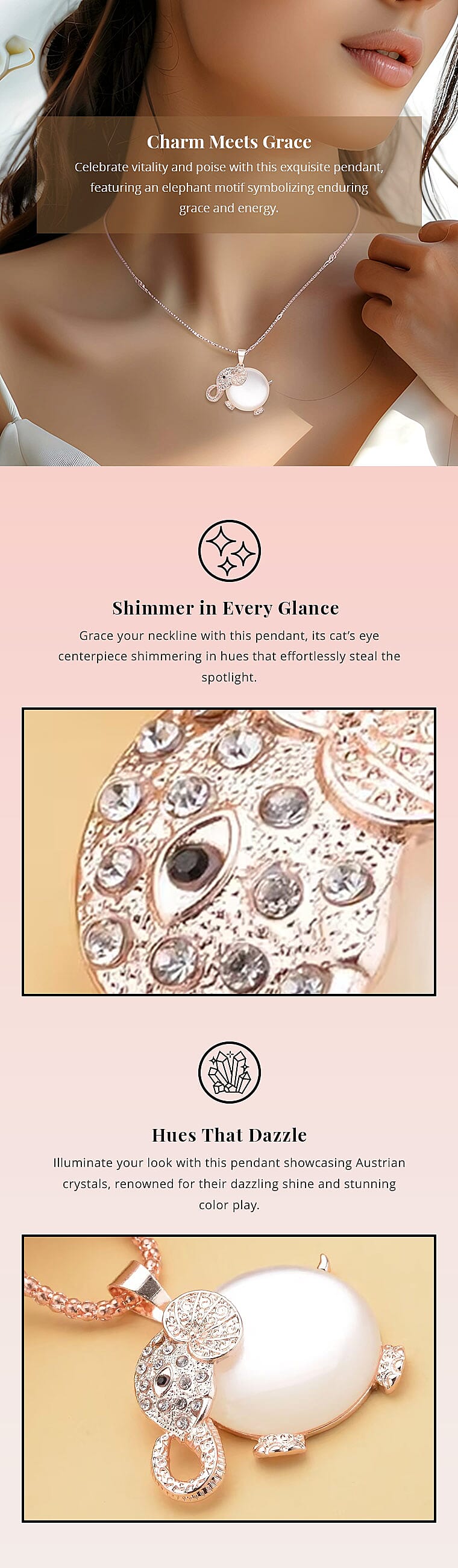 Simulated Cats Eye and Austrian Crystal Elephant Pendant Necklace in Rosetone Banner