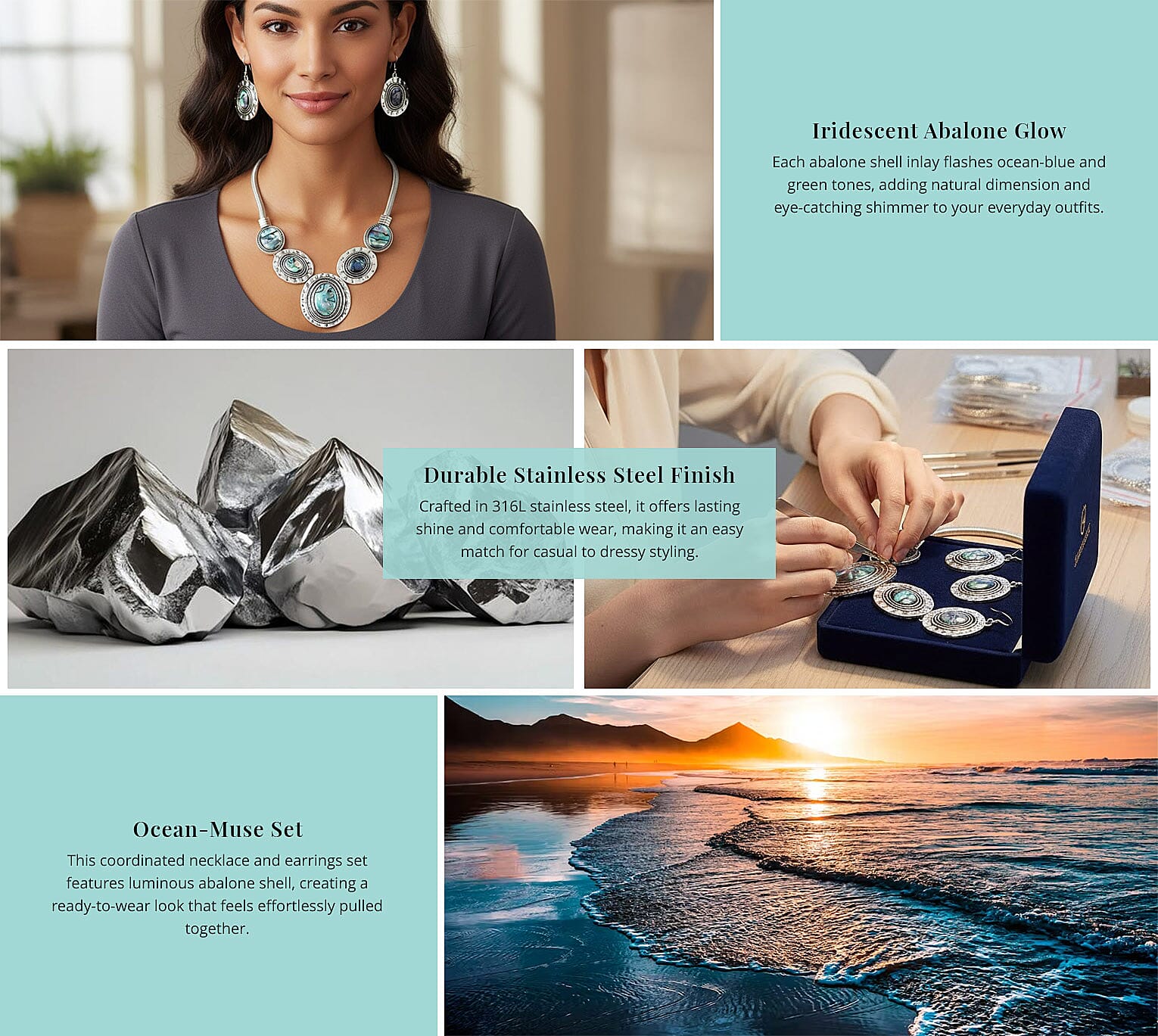 Abalone Shell Dangle Earrings Necklace in Silvertone Stainless Steel, Abalone Shell Jewelry Set Banner