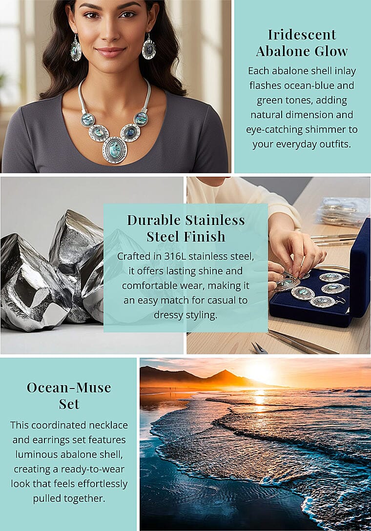 Abalone Shell Dangle Earrings Necklace in Silvertone Stainless Steel, Abalone Shell Jewelry Set Banner