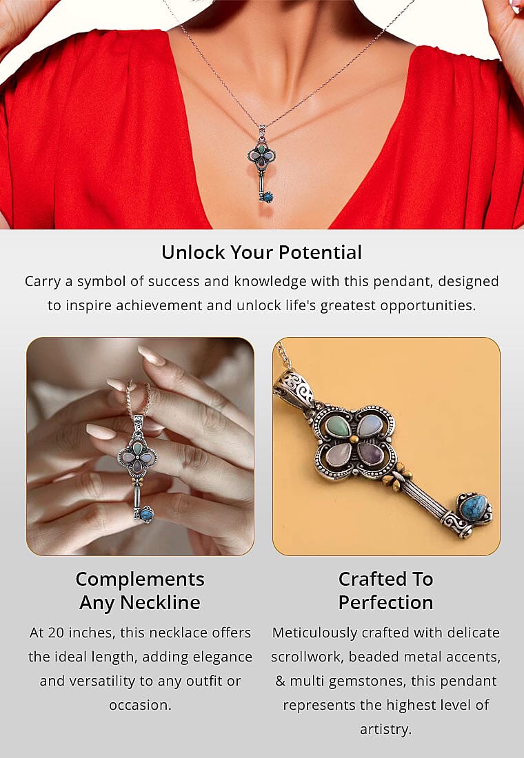 Multi Gemstone 2.50 ctw Key Pendant Necklace in ION Plated Yellow Gold and Stainless Steel Banner