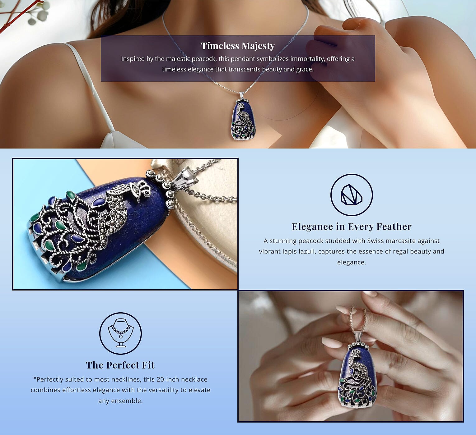 Lapis Lazuli 33.50 ctw Bead Pendant Necklace in Stainless Steel, Swiss Marcasite Enameled Peacock Pendant With Necklace, Solitaire Pendant Banner