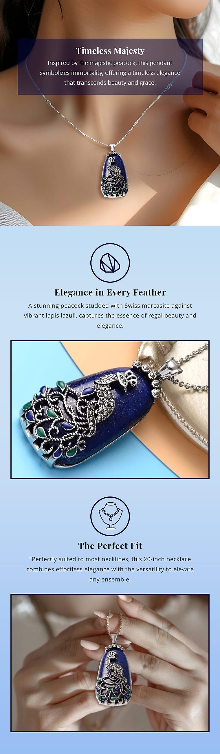 Lapis Lazuli 33.50 ctw Bead Pendant Necklace in Stainless Steel, Swiss Marcasite Enameled Peacock Pendant With Necklace, Solitaire Pendant Banner