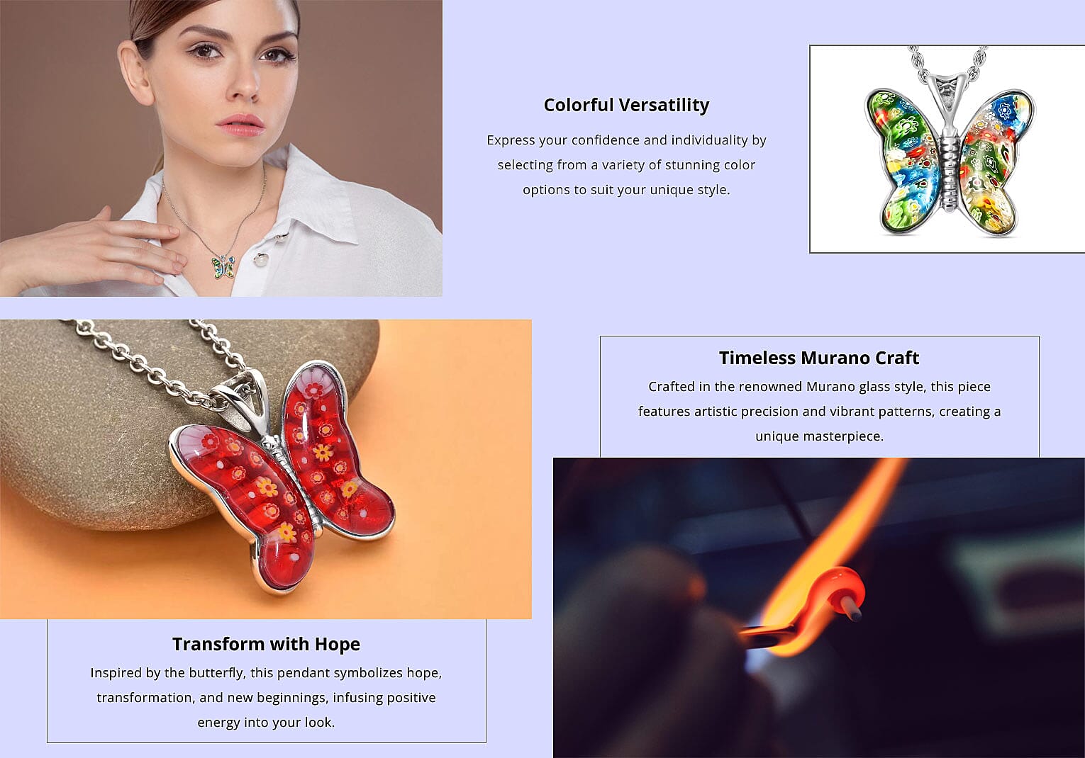 Murano Style Butterfly Pendant Necklace in Stainless Steel Banner