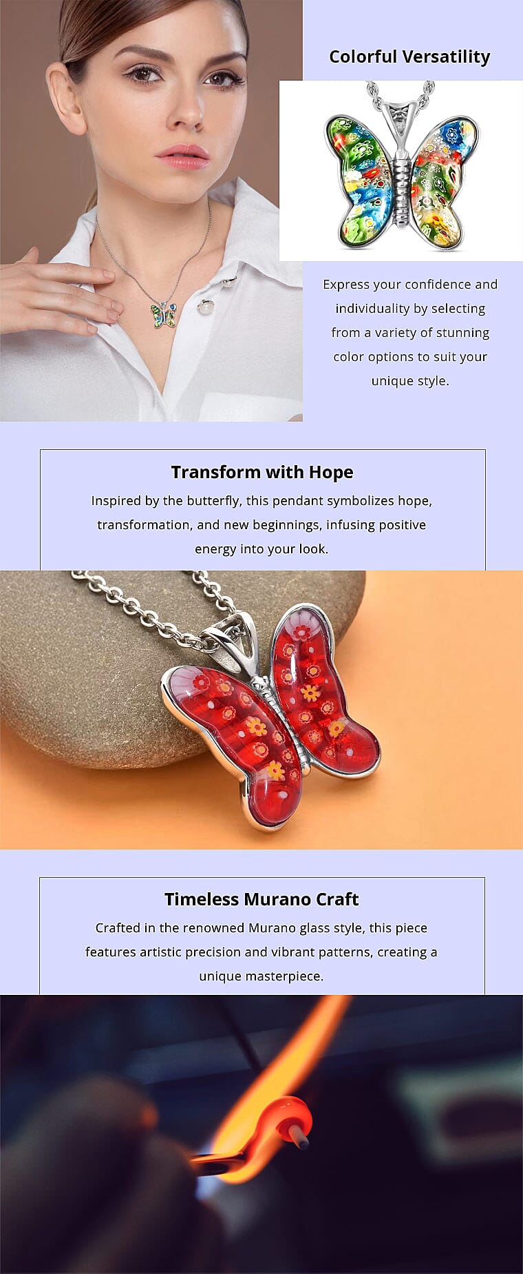 Murano Style Butterfly Pendant Necklace in Stainless Steel Banner