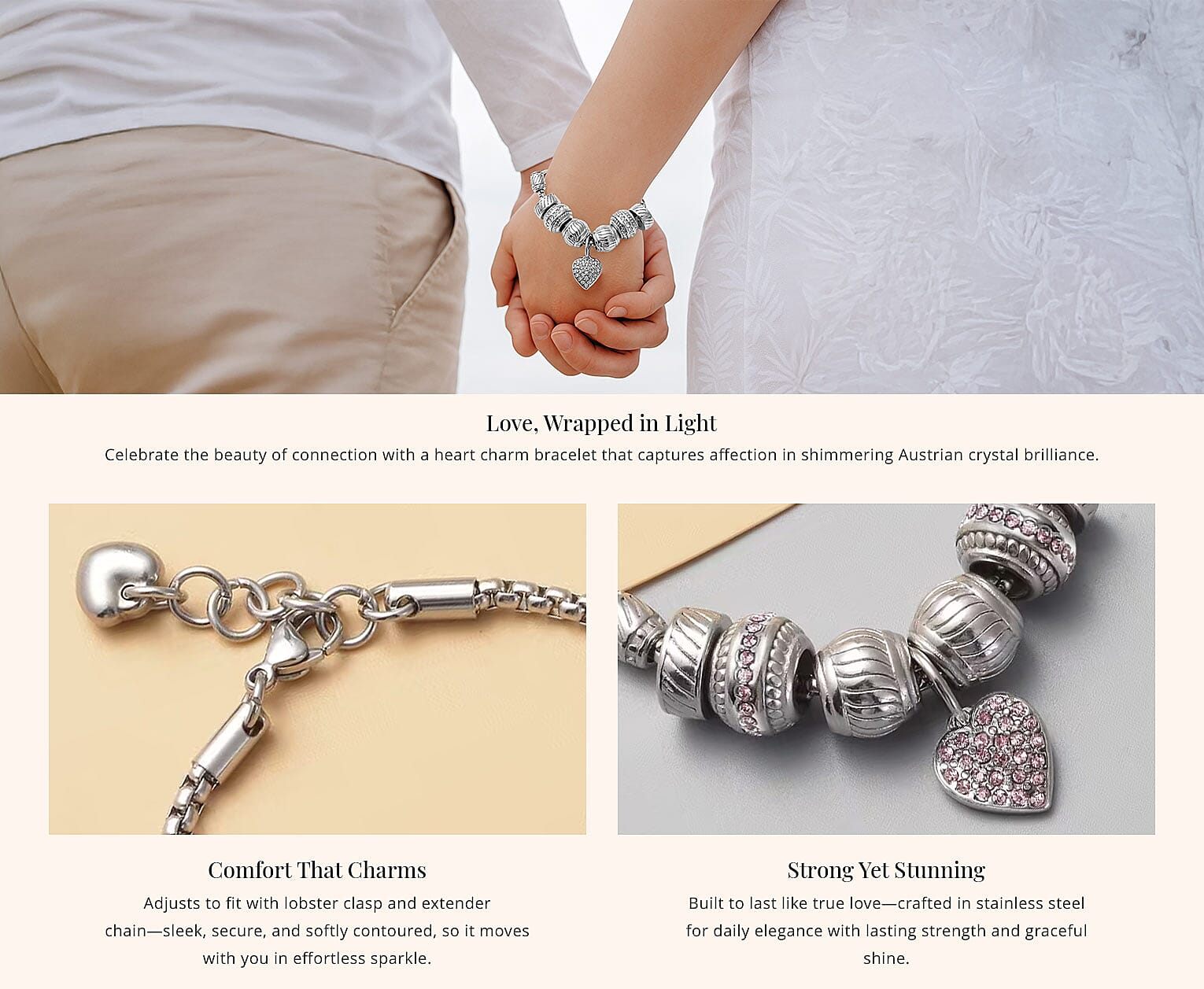 Austrian Crystal Heart Charm Bracelet in Stainless Steel Banner