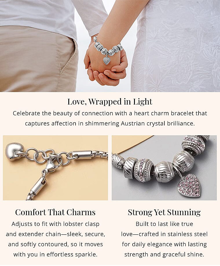 Austrian Crystal Heart Charm Bracelet in Stainless Steel Banner