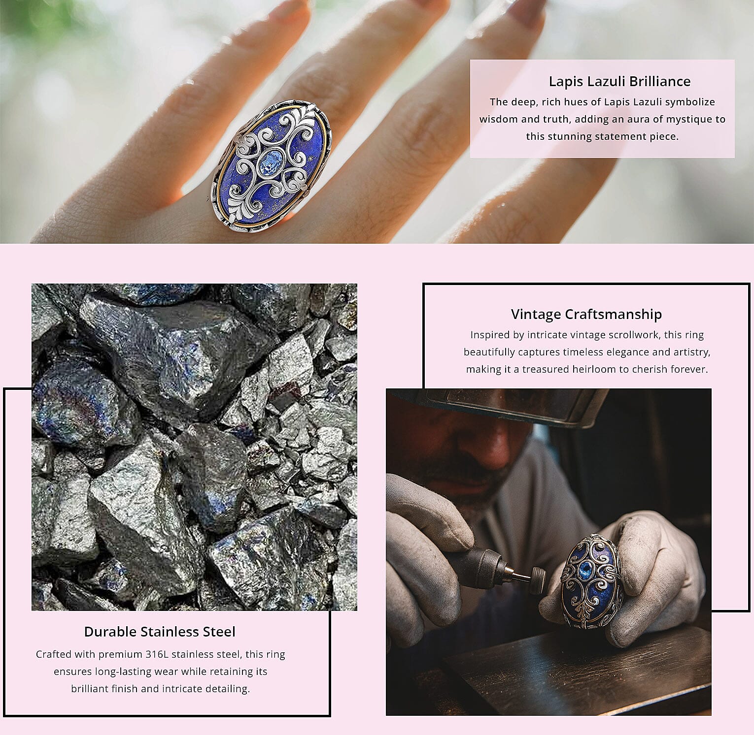 Lapis Lazuli and Blue Austrian Crystal 35.00 ctw Ring in Black Oxidized, ION Plated Yellow Gold and Stainless Steel Banner