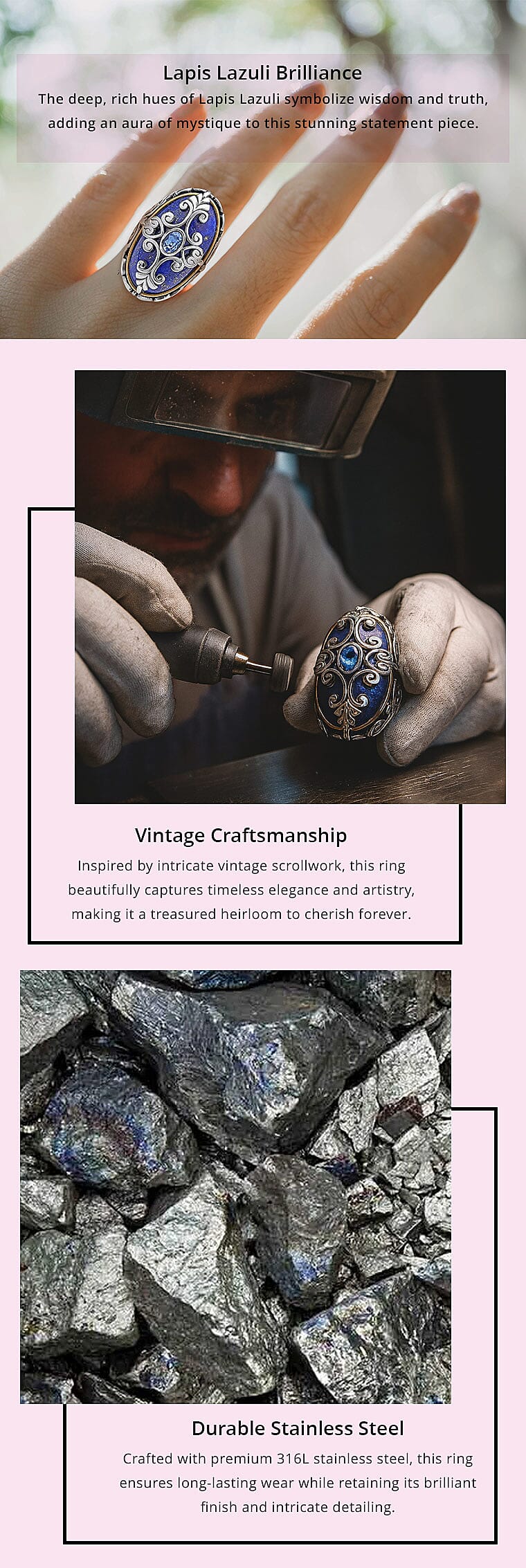 Lapis Lazuli and Blue Austrian Crystal 35.00 ctw Ring in Black Oxidized, ION Plated Yellow Gold and Stainless Steel Banner
