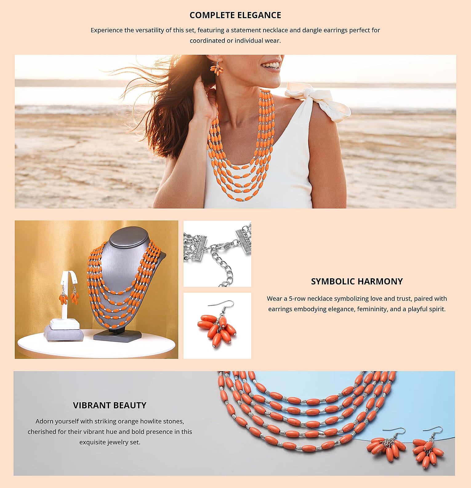 Orange Howlite 765.50 ctw Earrings and Drape Necklace 20 Inches in Black Oxidized Silvertone and Stainless Steel Banner