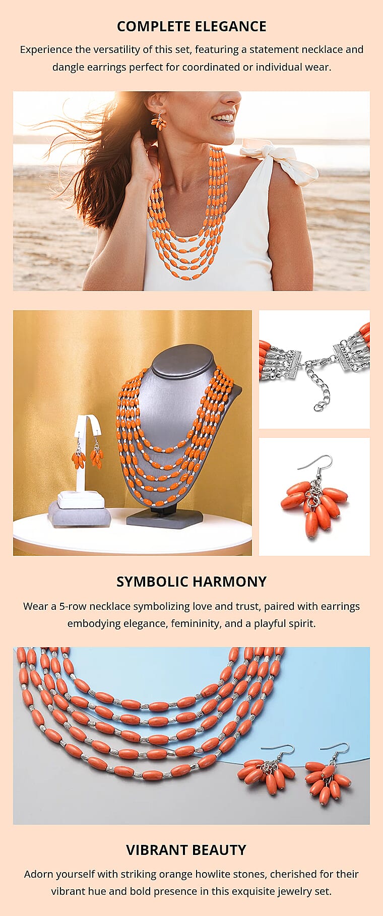 Orange Howlite 765.50 ctw Earrings and Drape Necklace 20 Inches in Black Oxidized Silvertone and Stainless SteelBanner