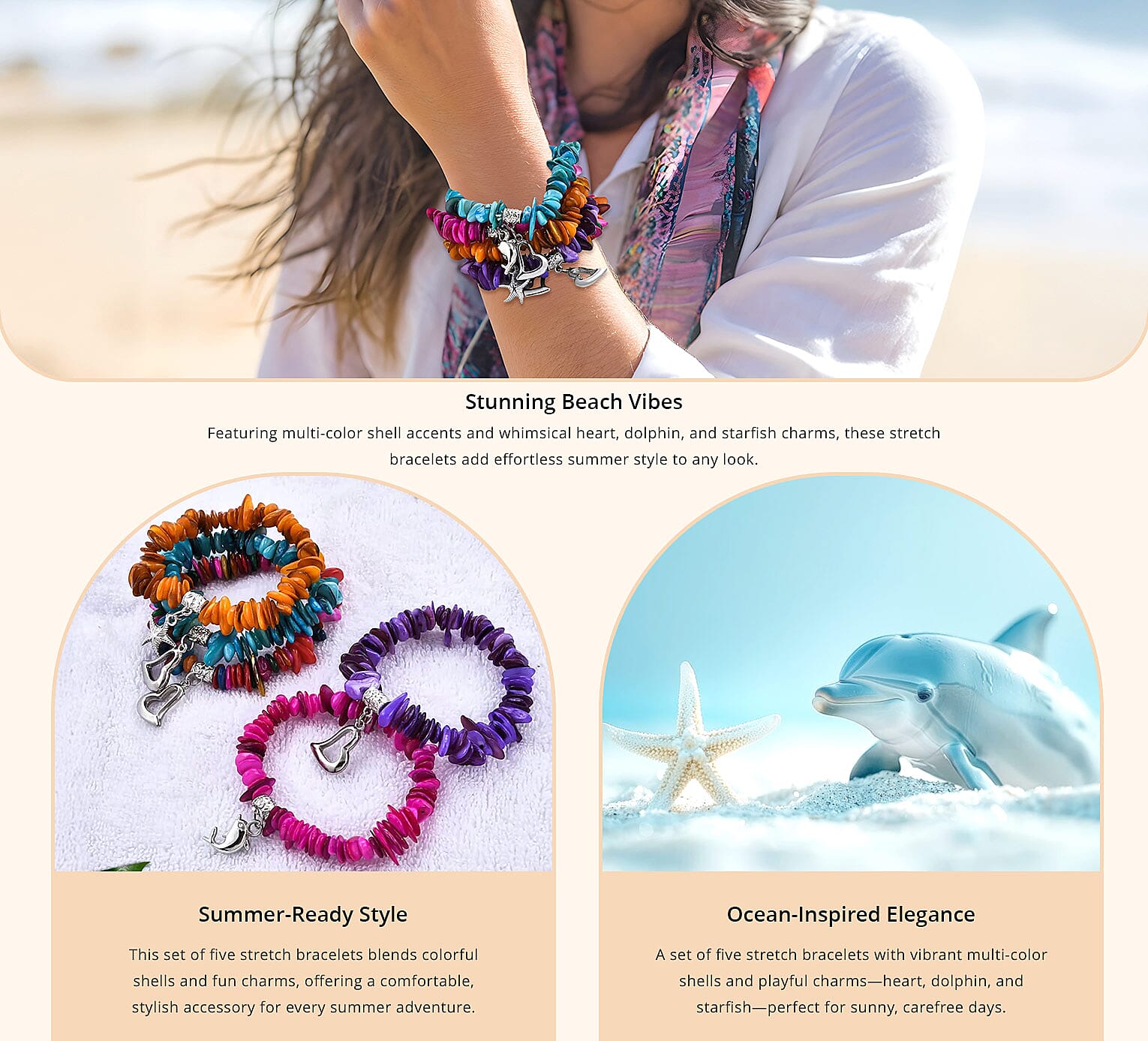 Set of 5 Multi Color Shell Stretch Bracelet Banner