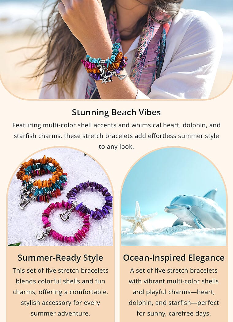 Set of 5 Multi Color Shell Stretch Bracelet Banner