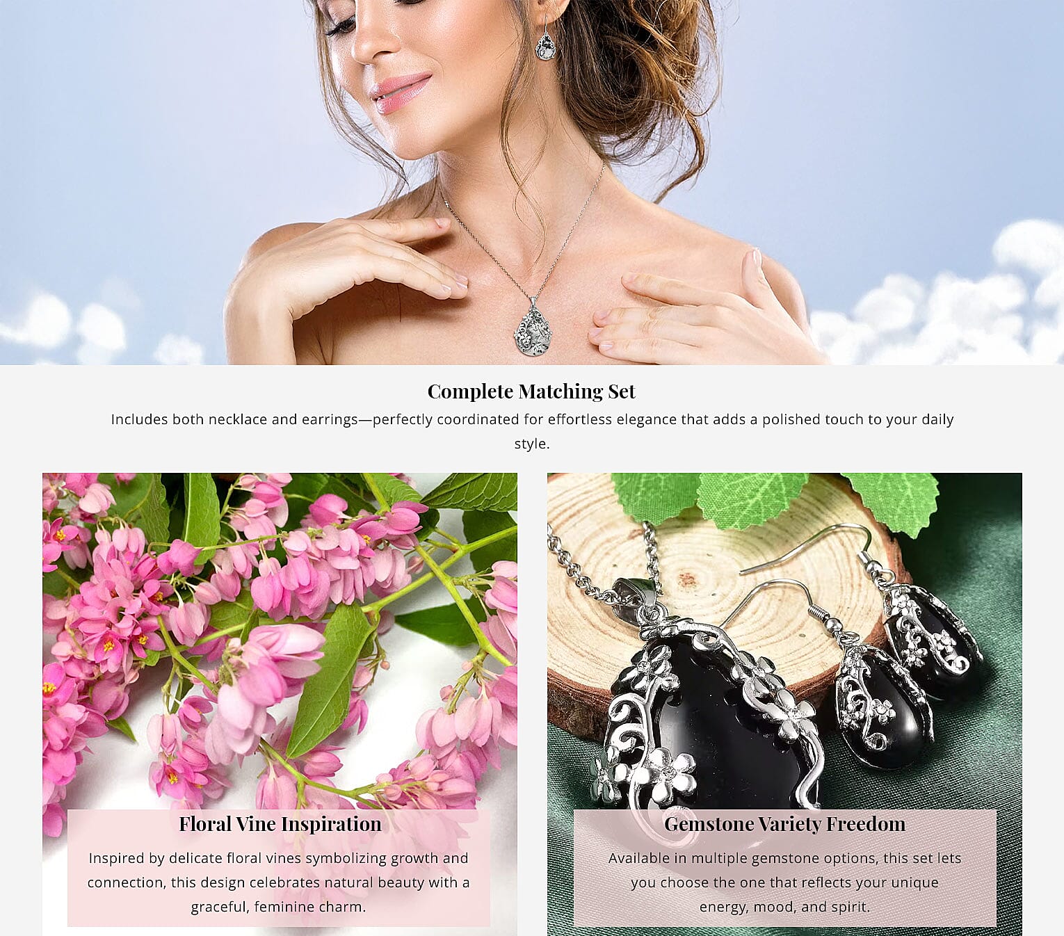 Set of Dendritic Agate 92.50 ctw Floral Earrings and Pendant Necklace, White Austrian Crystal Accent Jewelry Set in Stainless Steel, Birthday Gifts For Her Banner