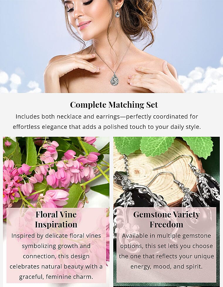 Set of Dendritic Agate 92.50 ctw Floral Earrings and Pendant Necklace, White Austrian Crystal Accent Jewelry Set in Stainless Steel, Birthday Gifts For Her Banner