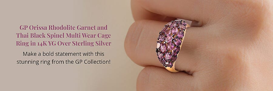 GP Orissa Rhodolite Garnet and Thai Black Spinel Multi Wear Cage Ring Banner