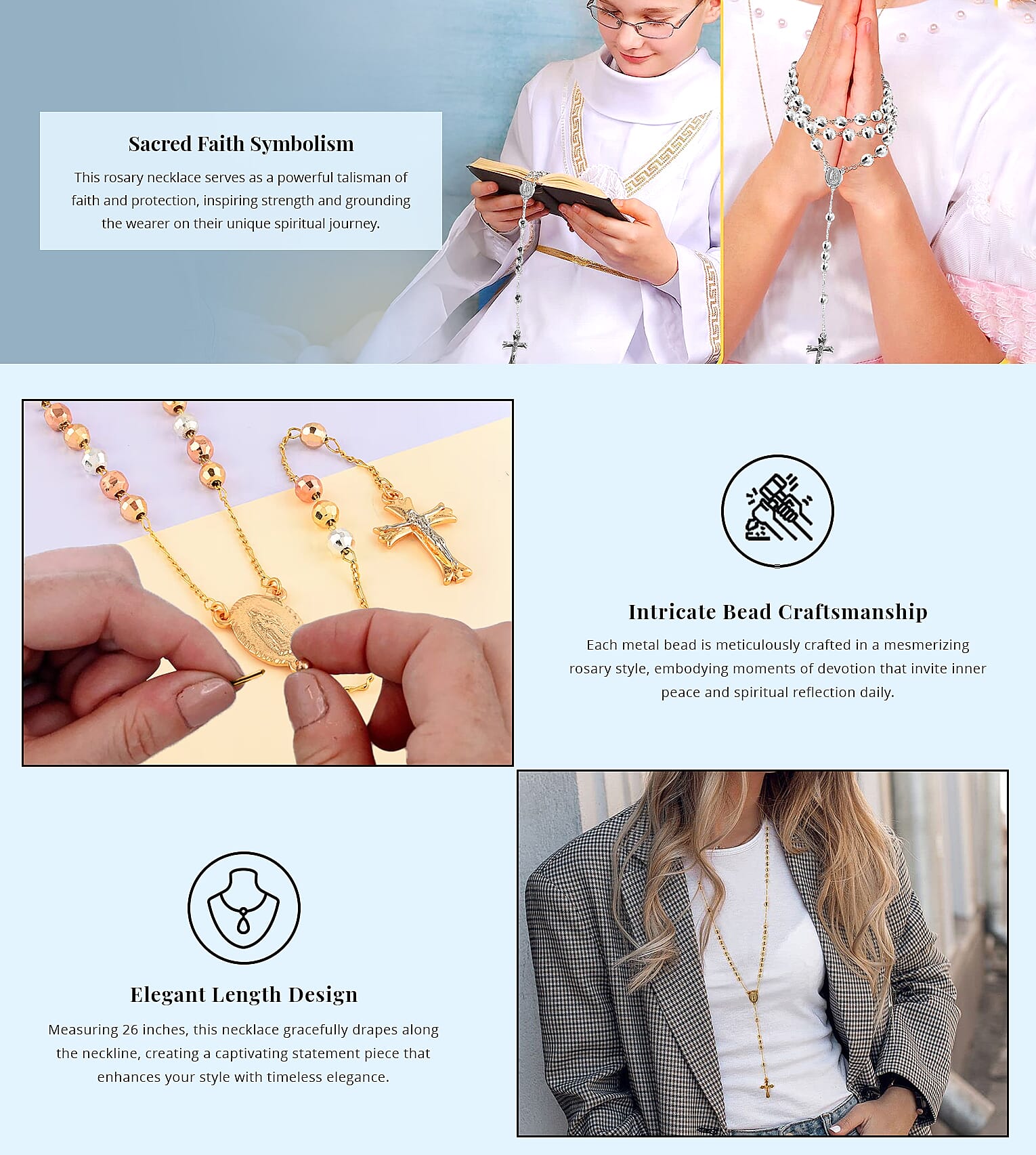 Rosary Style 26 Inch Cross Necklace in Silvertone Banner