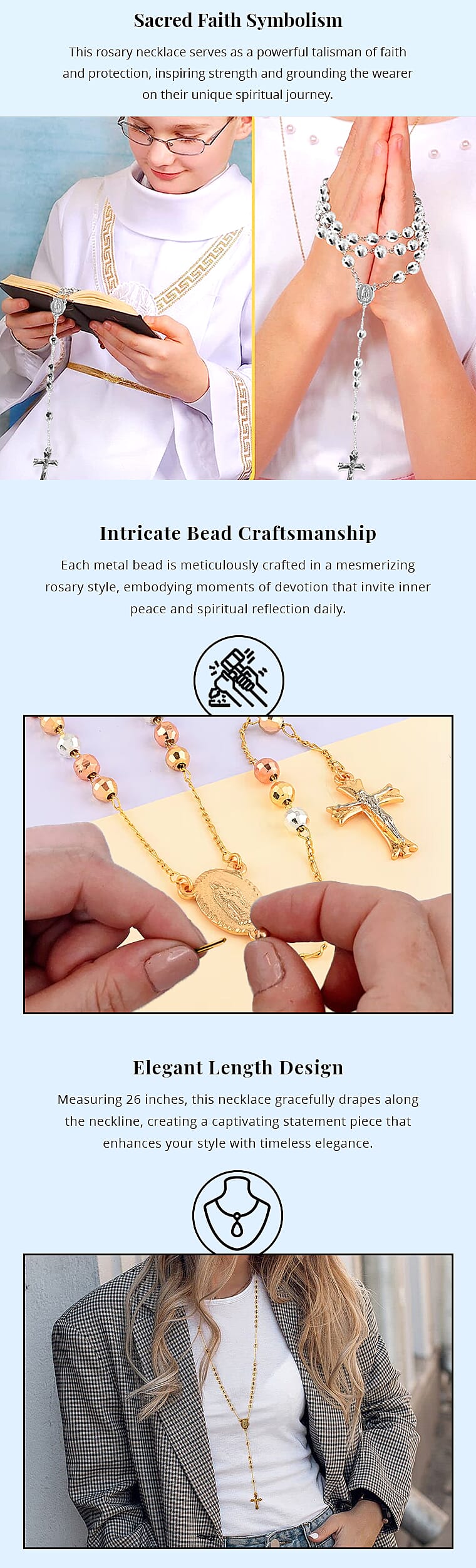 Rosary Style 26 Inch Cross Necklace in Silvertone Banner