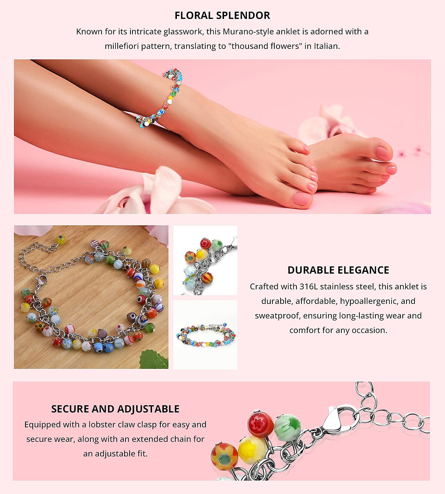 Multi Color Murano Style Beaded Charm Anklet in Stainless Steel Banner