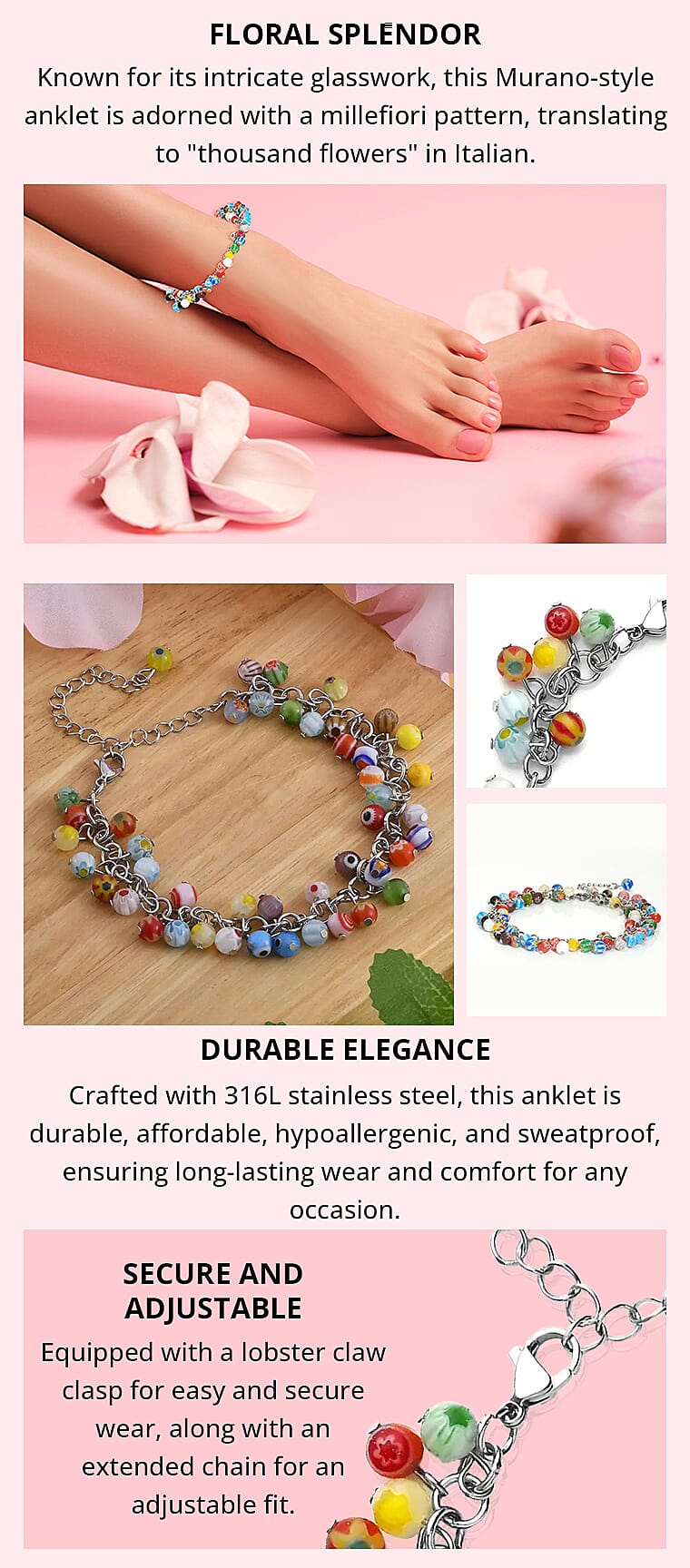Multi Color Murano Style Beaded Charm Anklet in Stainless SteelBanner