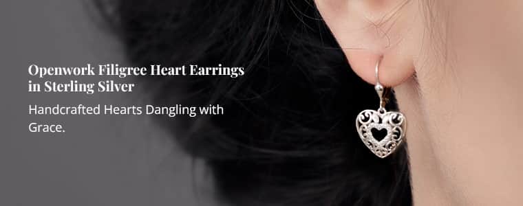 Openwork Drop Dangle Earrings in 14K Rose Gold Plated Sterling Silver, Filigree Heart Earrings, Dangle Silver Earrings for Women , Shop LC