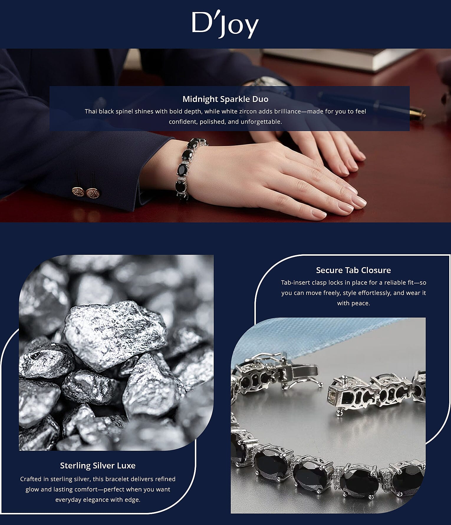 D'Joy Thai Black Spinel, White Zircon Bracelet in Platinum Over Sterling Silver Banner
