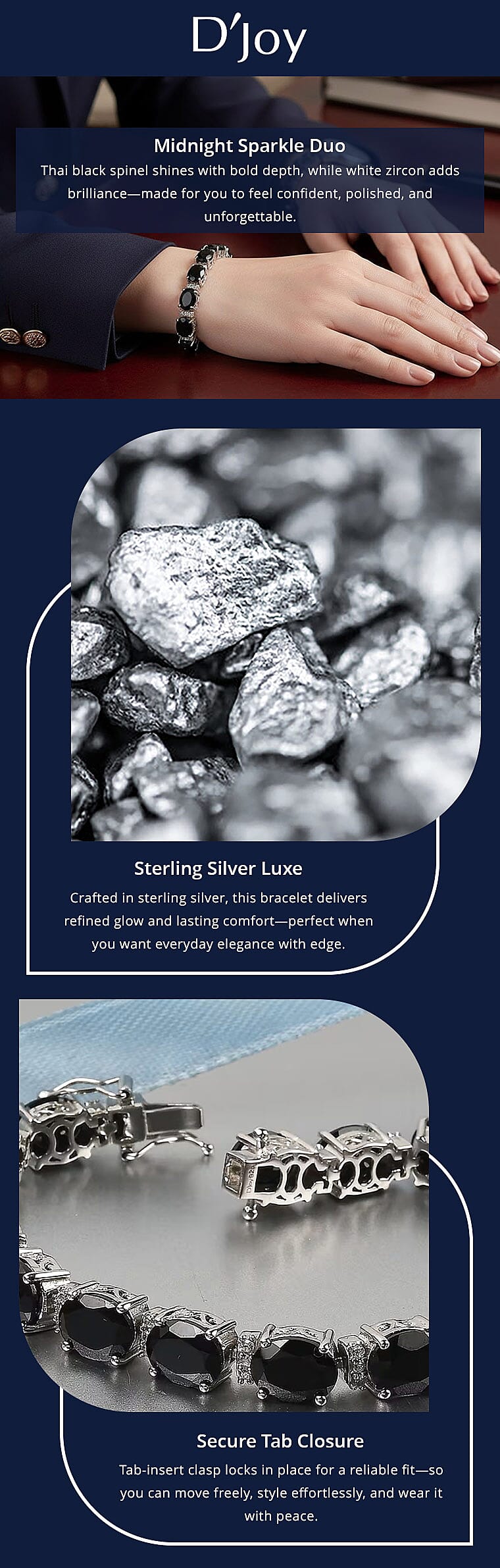 D'Joy Thai Black Spinel, White Zircon Bracelet in Platinum Over Sterling Silver Banner