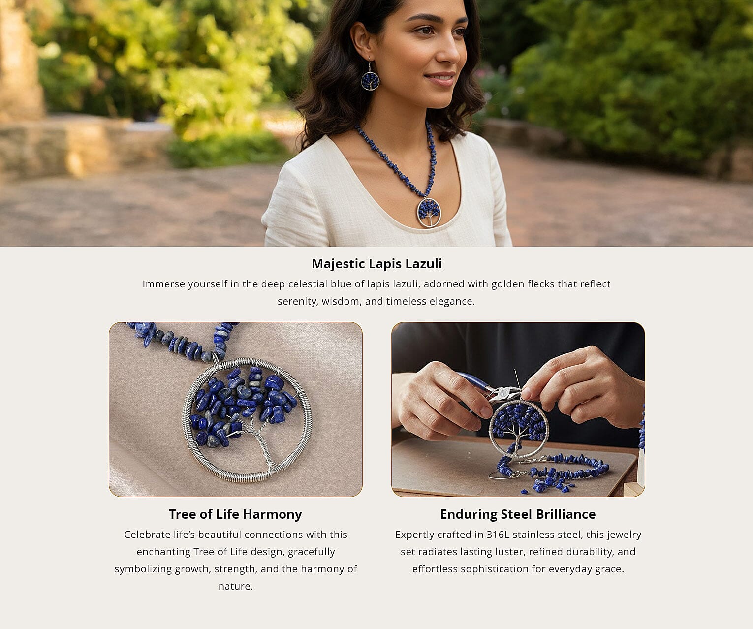Lapis Lazuli 271.00 ctw Family Tree of Life Earrings and Pendant Necklace in Stainless Steel 18-20 Inches Banner