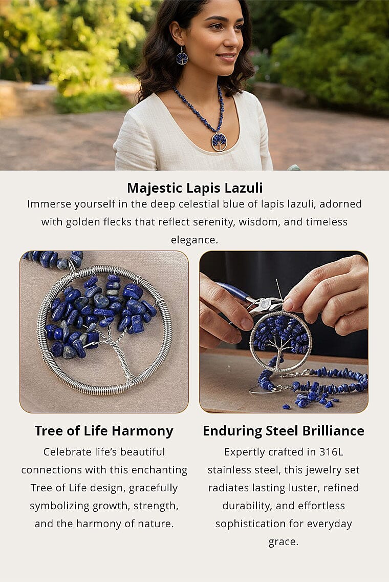 Lapis Lazuli 271.00 ctw Family Tree of Life Earrings and Pendant Necklace in Stainless Steel 18-20 Inches Banner