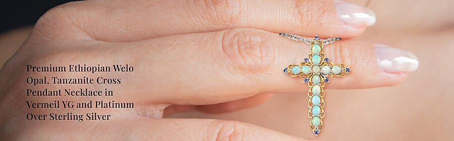 Premium Ethiopian Welo Opal, Tanzanite Cross Pendant Necklace Banner