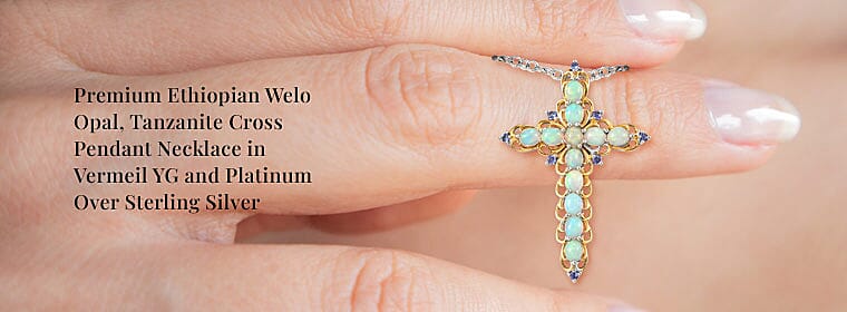 Premium Ethiopian Welo Opal, Tanzanite Cross Pendant Necklace Banner