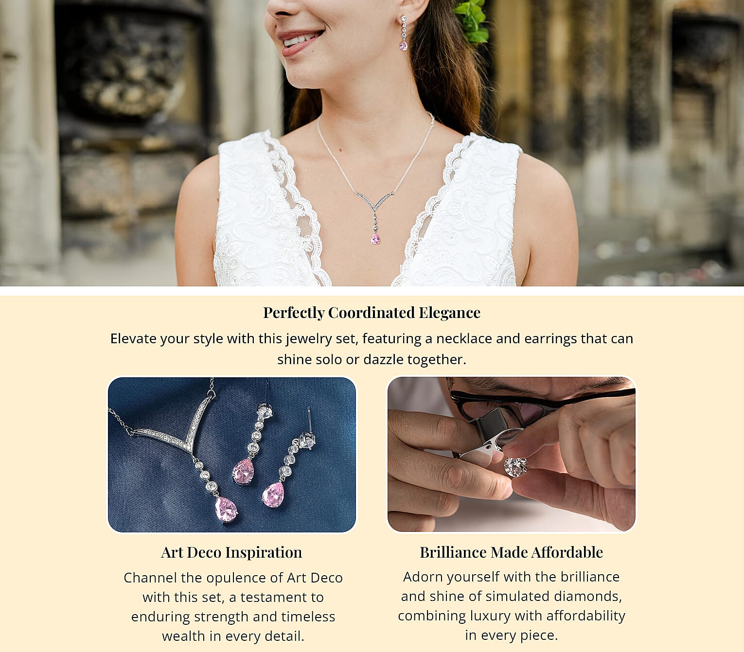 Simulated Pink Diamond White Diamond 6.50 ctw Drop Earrings Necklace in Silvertone, Simulated Diamond Jewelry Set 18-20 Inches Banner