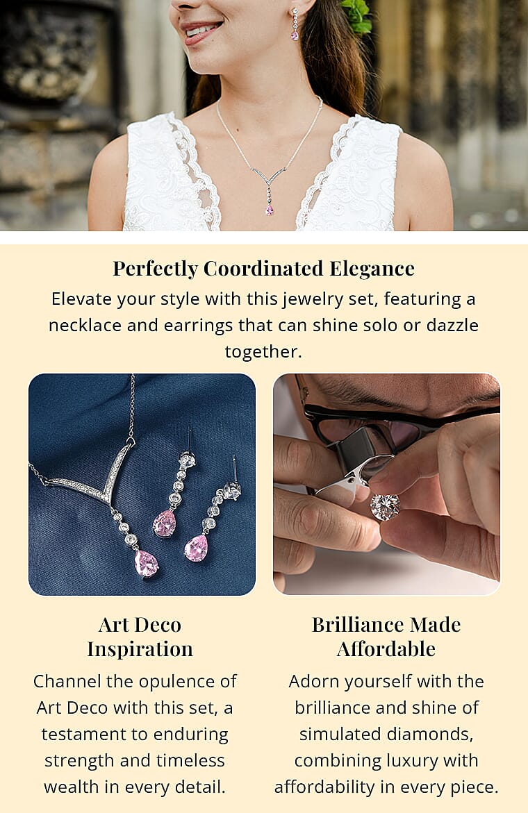 Simulated Pink Diamond White Diamond 6.50 ctw Drop Earrings Necklace in Silvertone, Simulated Diamond Jewelry Set 18-20 InchesBanner