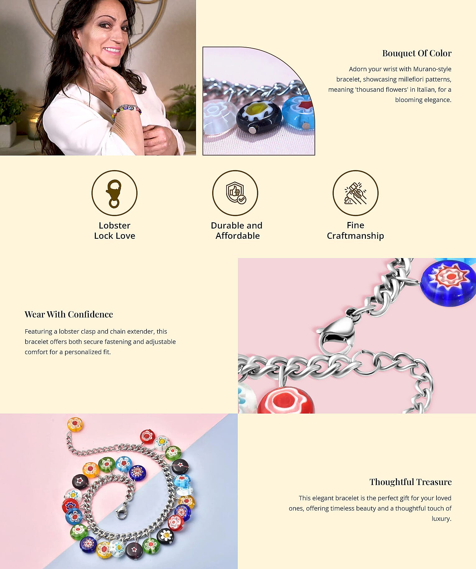 Multi Color Murano Style Charm Bracelet in Stainless Steel Banner