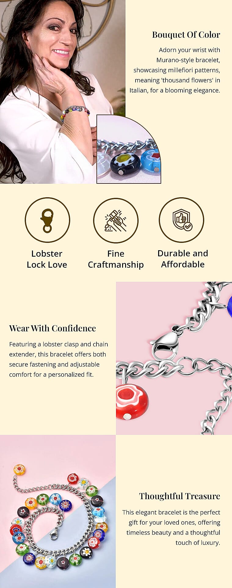 Multi Color Murano Style Charm Bracelet in Stainless SteelBanner