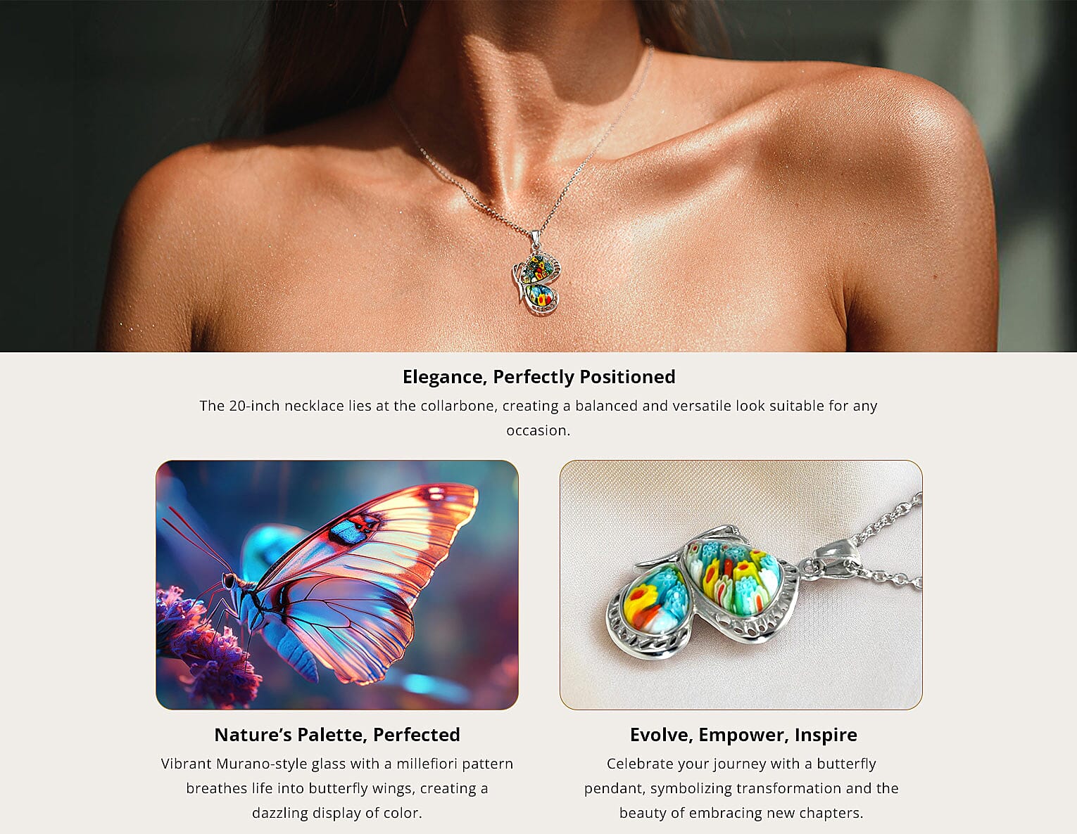 Multi Color Murano Style Flying Butterfly Pendant Necklace in Stainless Steel Banner