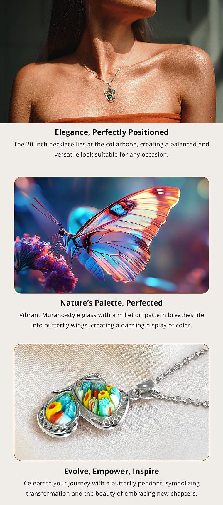 Multi Color Murano Style Flying Butterfly Pendant Necklace in Stainless Steel Banner