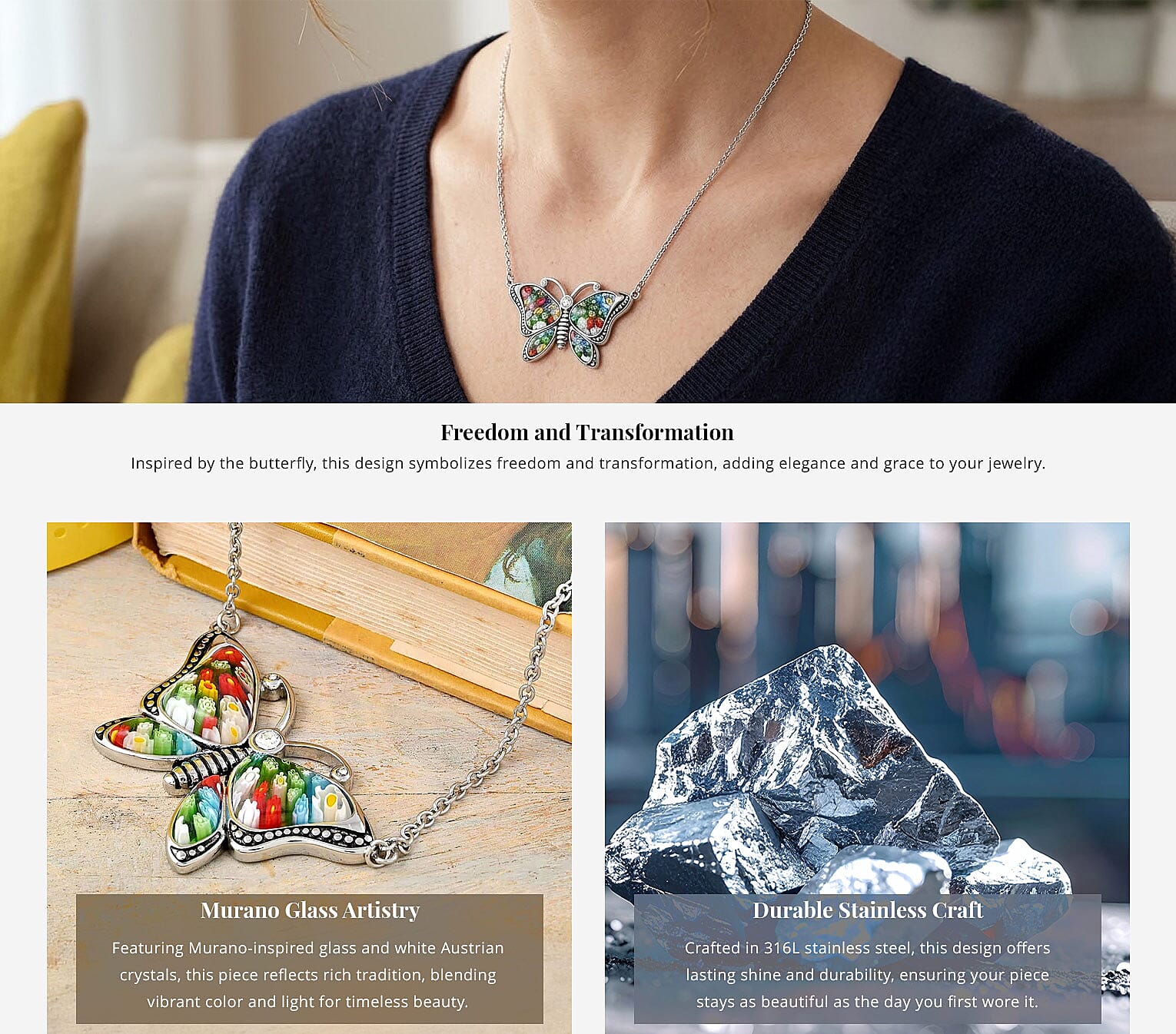 Murano Style and White Austrian Crystal Butterfly Necklace in Black Oxidized Stainless Steel 20 Inches Banner