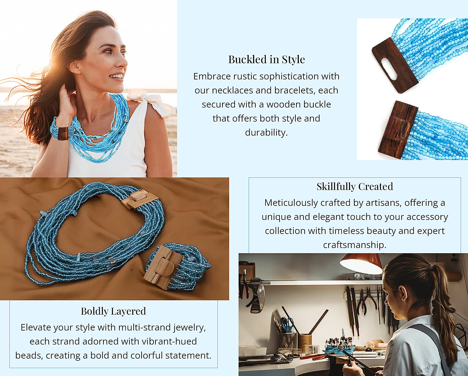 Blue Seed Beaded Multi Strand Necklace With Shell Wooden Buckle Bracelet For Women in Stainless Steel Banner