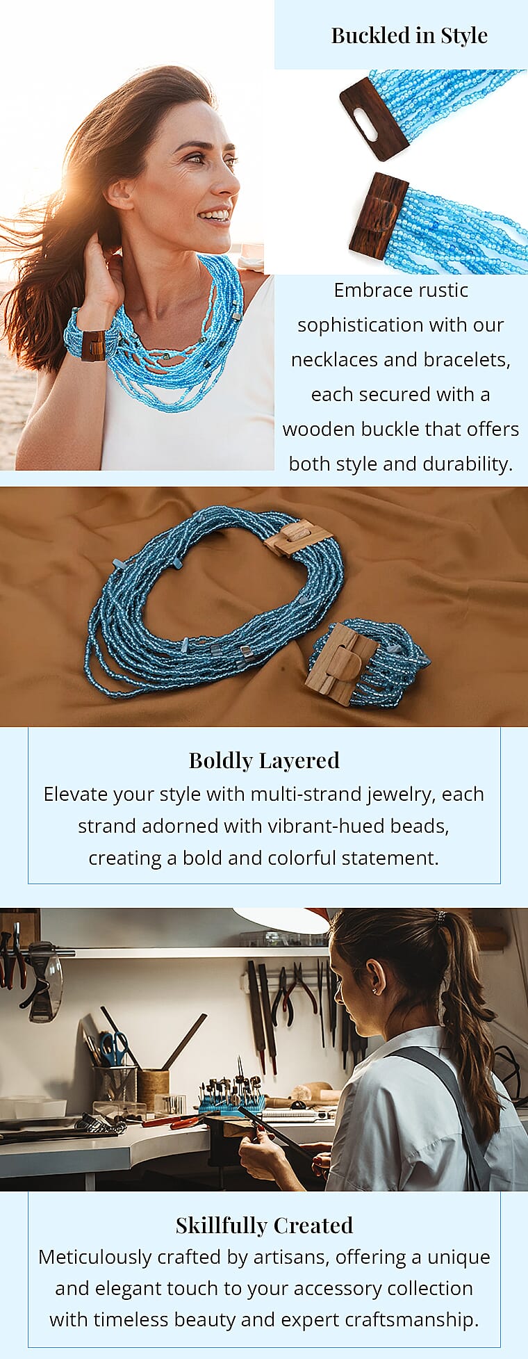 Blue Seed Beaded Multi Strand Necklace With Shell Wooden Buckle Bracelet For Women in Stainless SteelBanner