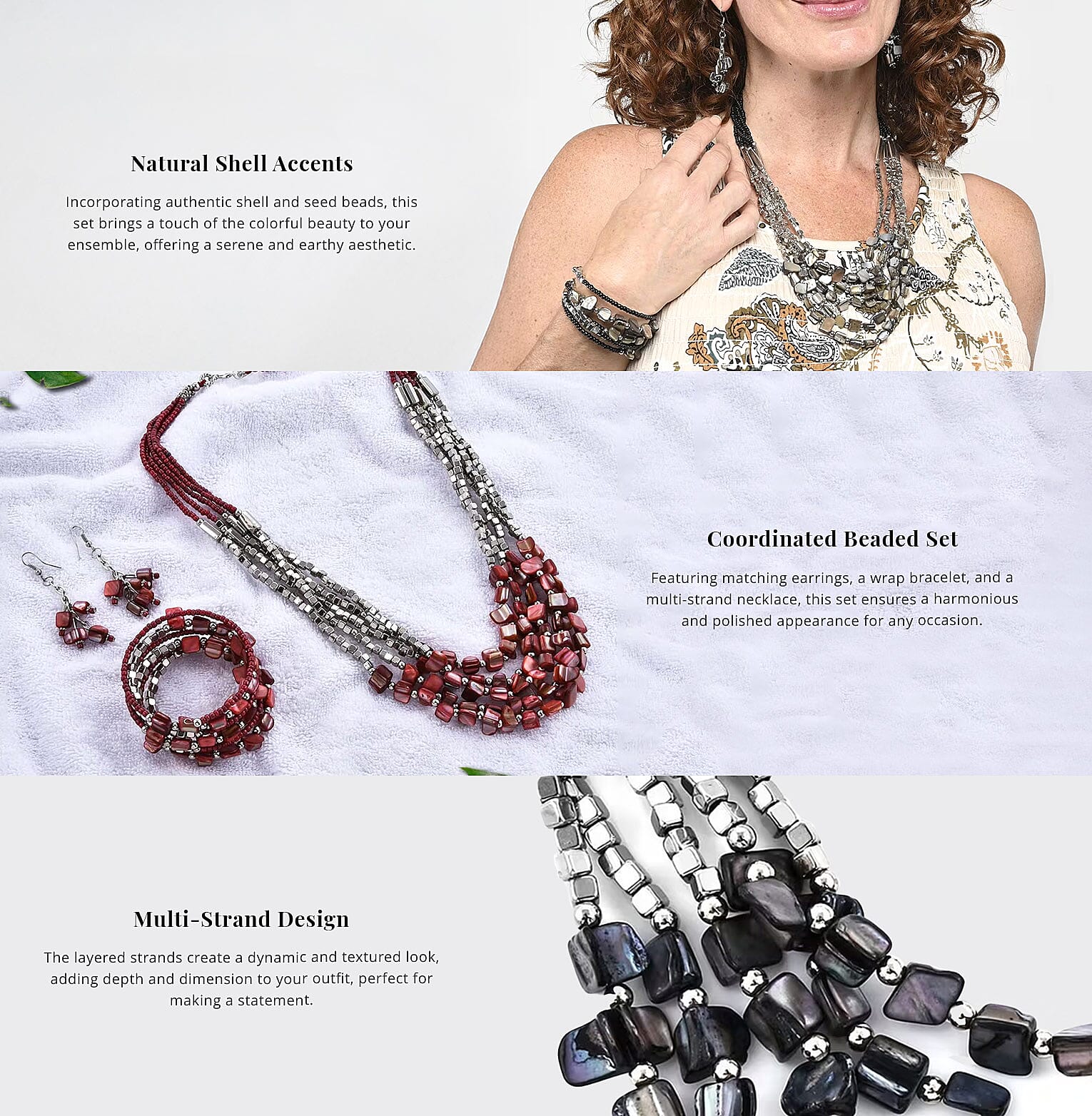 Red Seed Beaded and Shell Earrings and Wrap Bracelet and Multi Strand Necklace Banner