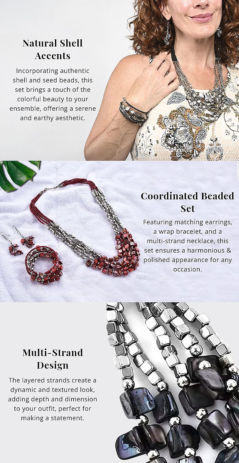 Red Seed Beaded and Shell Earrings and Wrap Bracelet and Multi Strand Necklace Banner